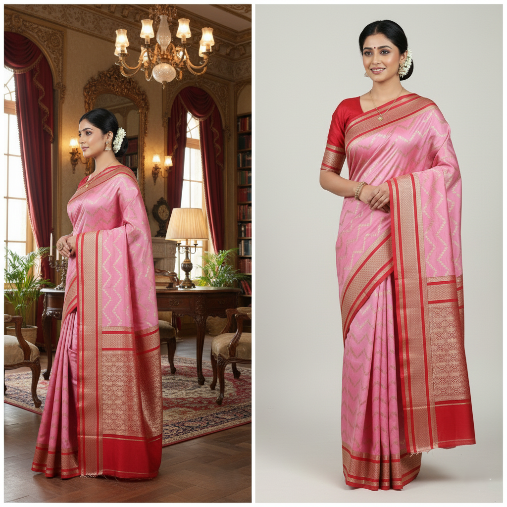 Intricate Pink and Red Banarasi Mashru Silk Saree