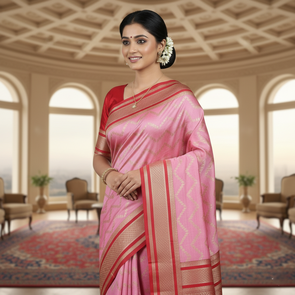 Intricate Pink and Red Banarasi Mashru Silk Saree