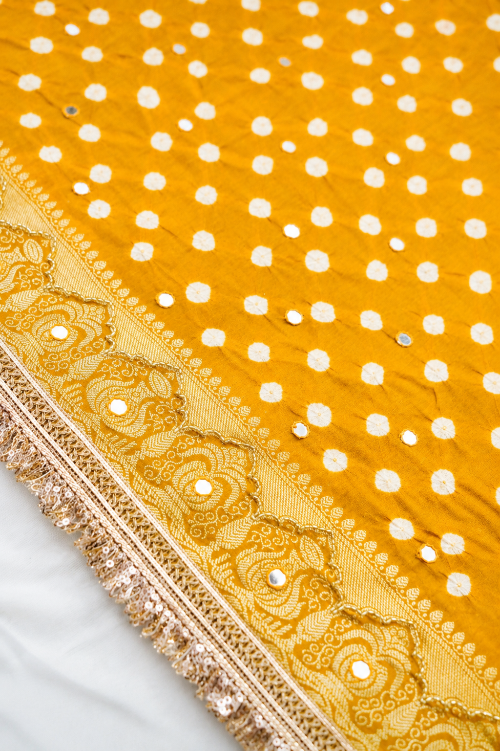 Kalash - Golden Mustard Bandhani Dupion Silk Saree with Fringe Border