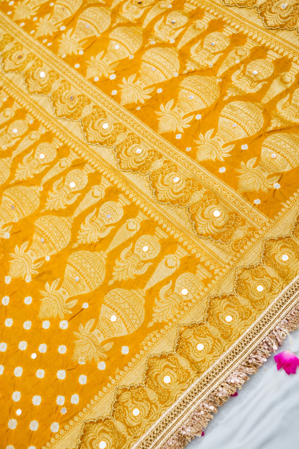 Kalash - Golden Mustard Bandhani Dupion Silk Saree with Fringe Border