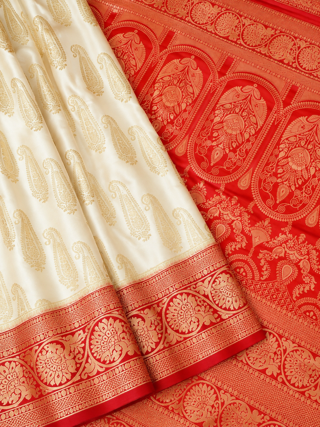 Classic Ivory Satin Mashru Silk Saree with Red Border