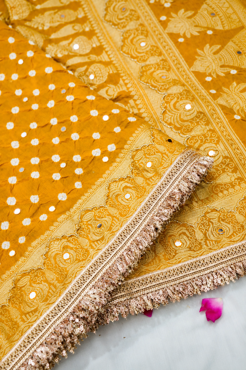 Kalash - Golden Mustard Bandhani Dupion Silk Saree with Fringe Border