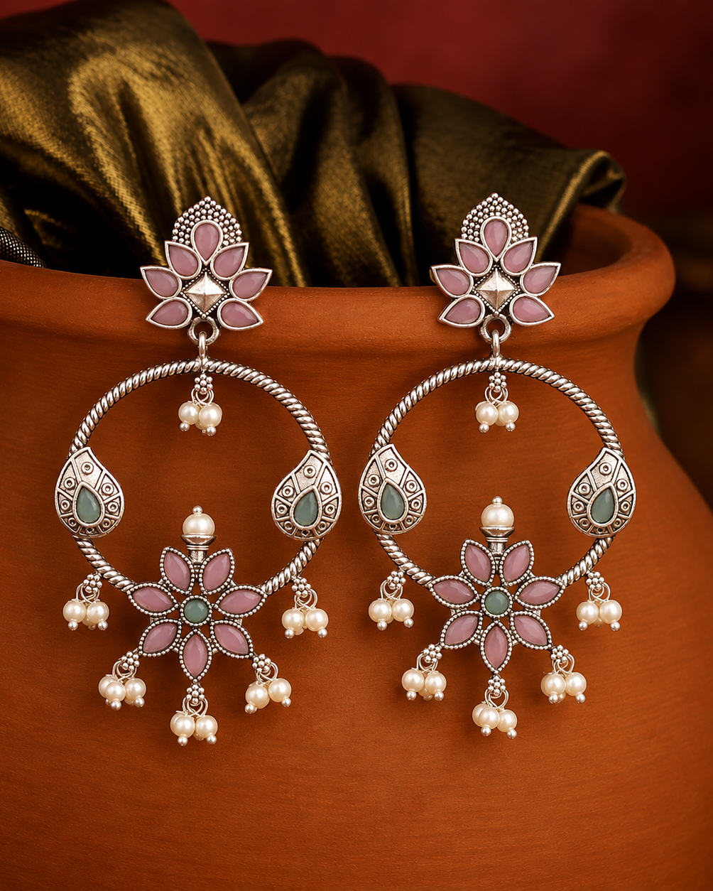 Antique Pastel Pink and Mint Flower Motif Chandbali Hoops