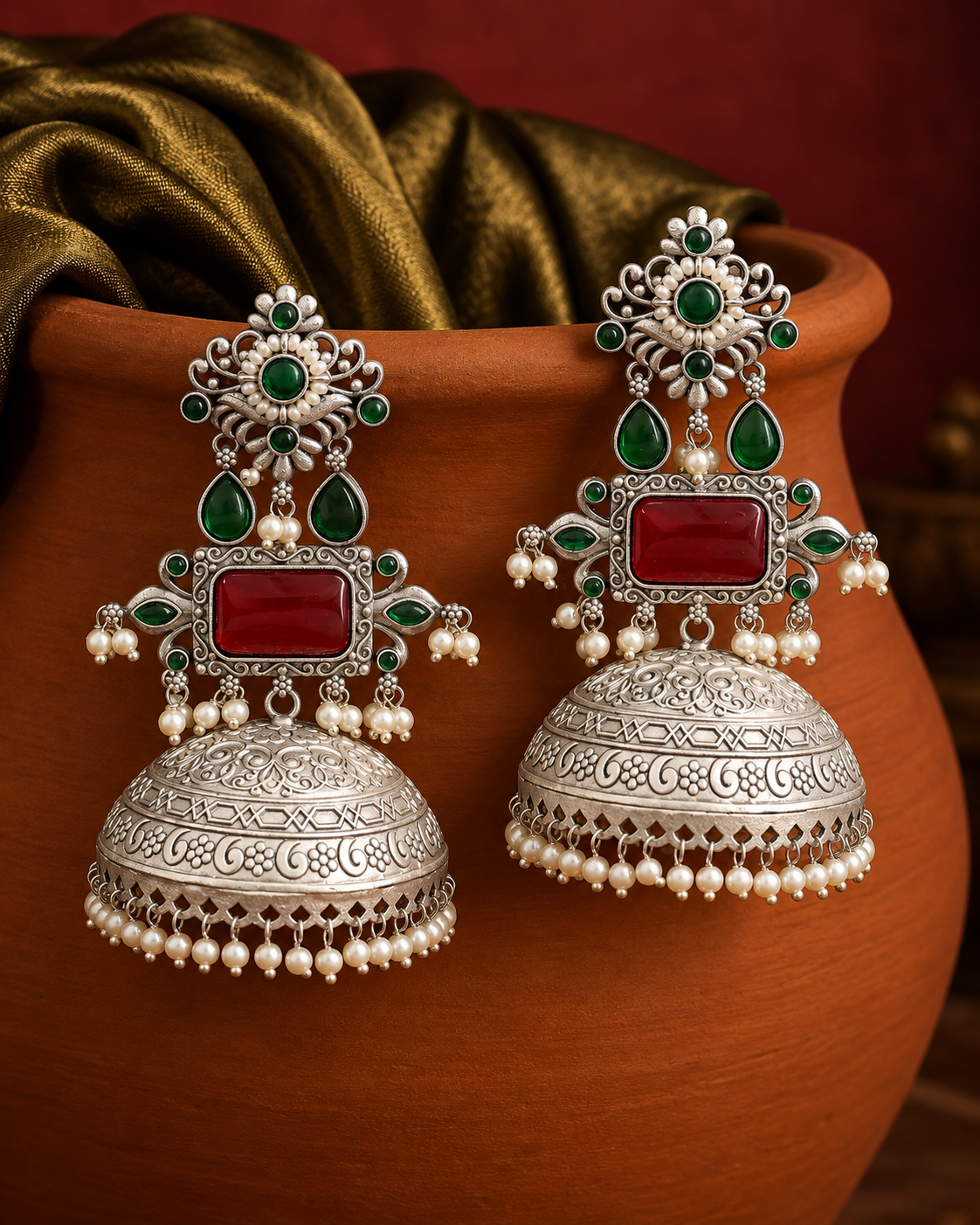 Antique Rectangular Maroon Red Cabochon Jhumka Earrings