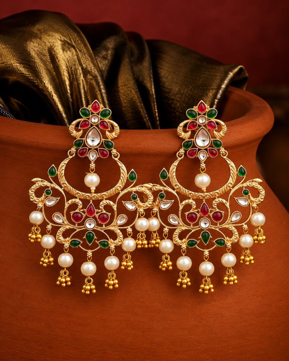 Royal Ornate Red and Green Stone Drop Earrings with Pearl Accents