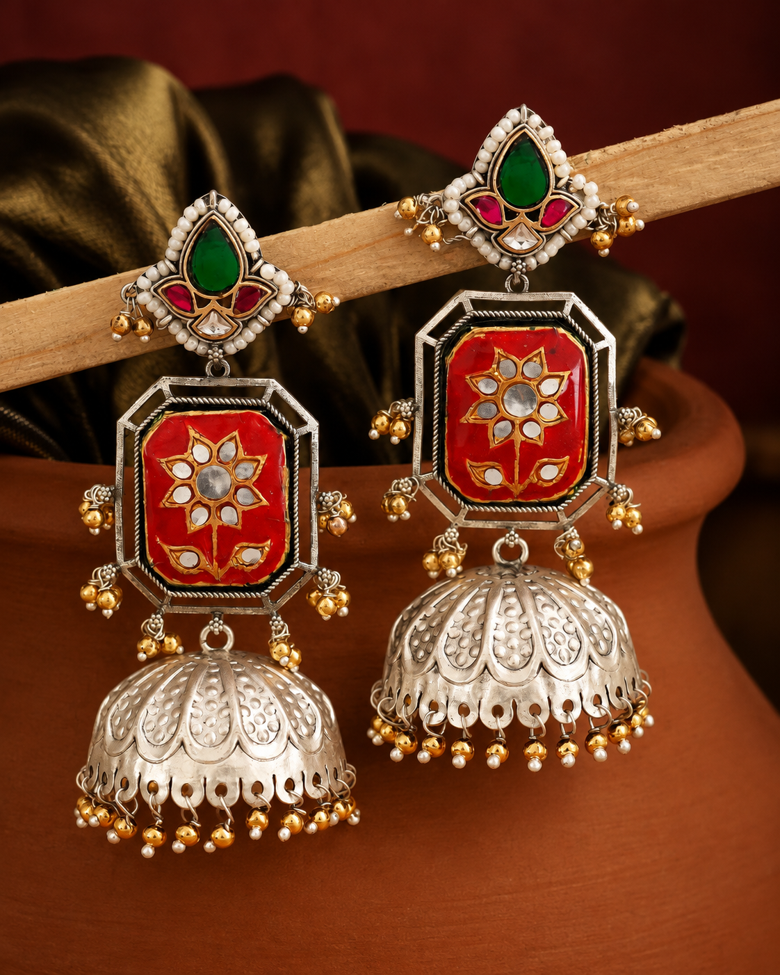 Antique Rectangular Red Enamel & Kundan Flower Earrings