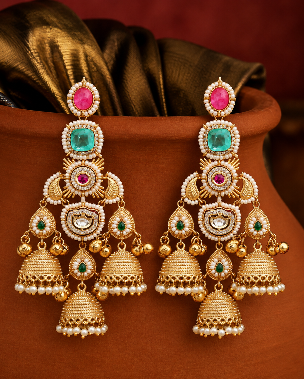 Royal Gold Finish Multi-Colored Stone Cluster Hanging Jhumka Earrings