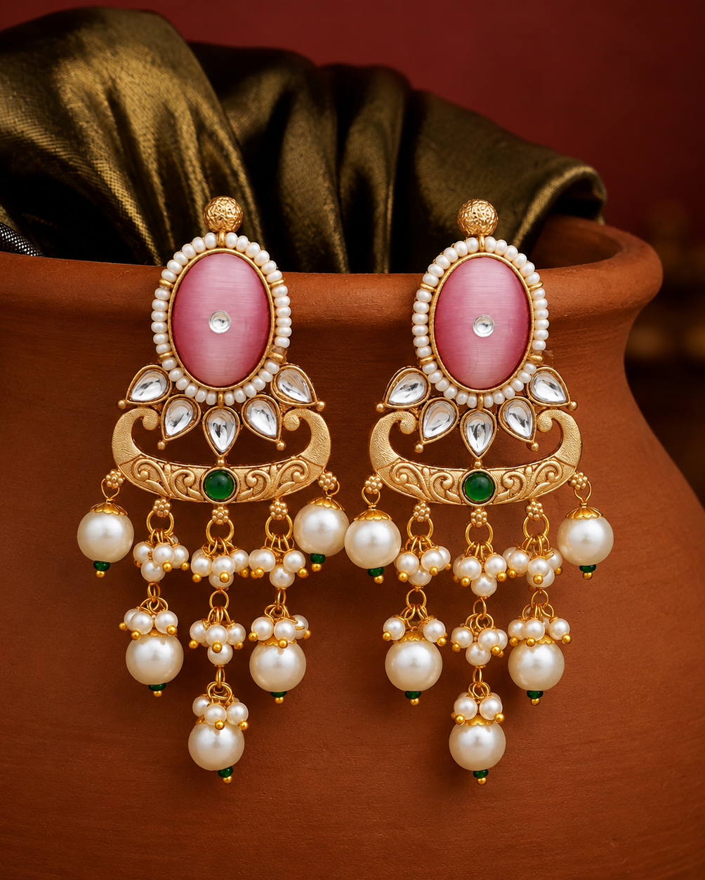 Royal Gold-Finish Oval Pink Cabochon Earrings