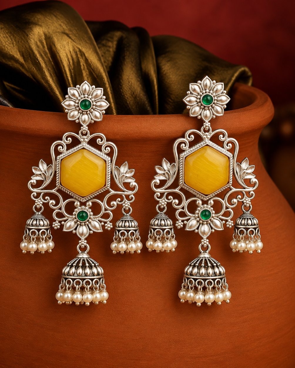 Antique Silver Mustard Yellow Floral Filigree Jhumki Earrings
