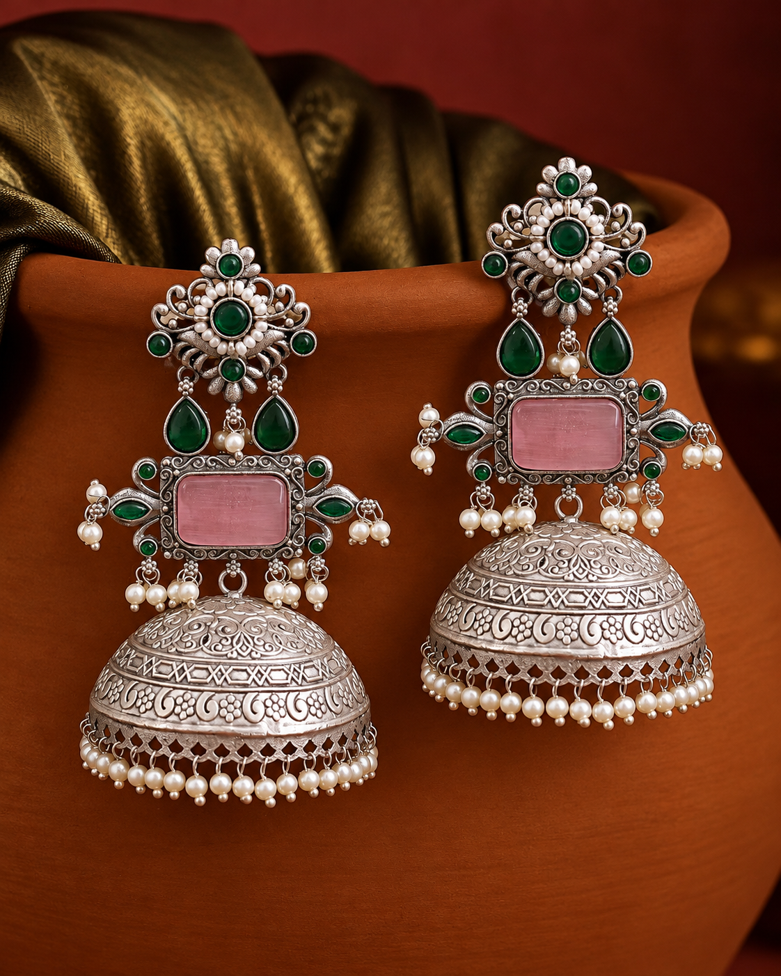 Antique Rectangular Blush Pink Cabochon Jhumka Earrings