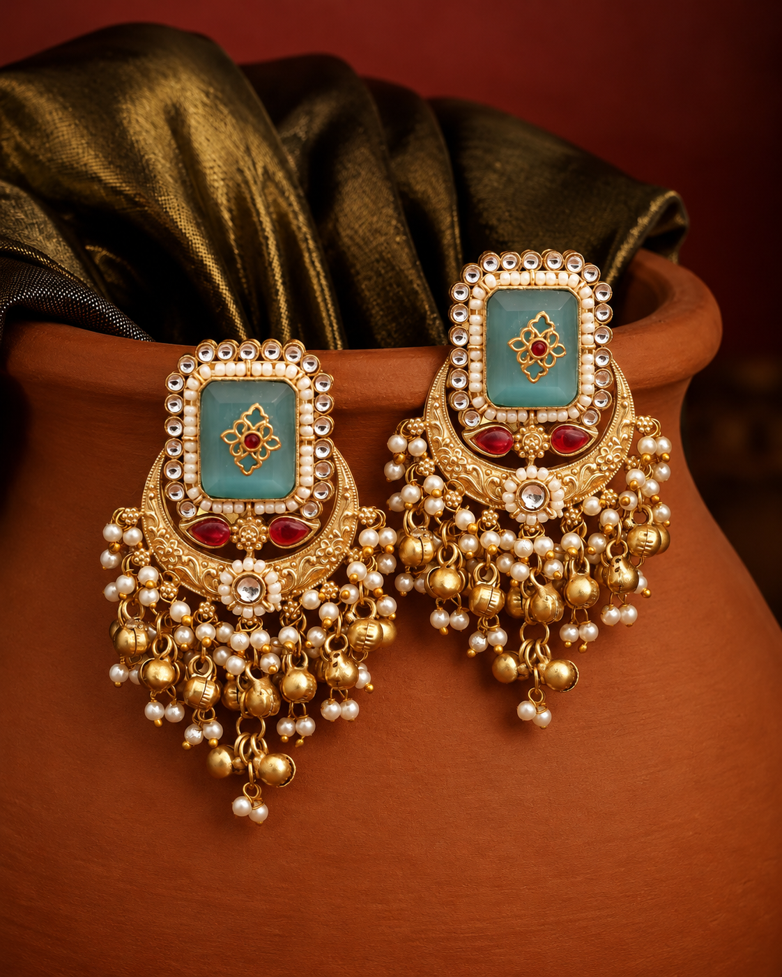 Antique Gold Kundan Style Teal Blue Earrings with Hanging Pearls