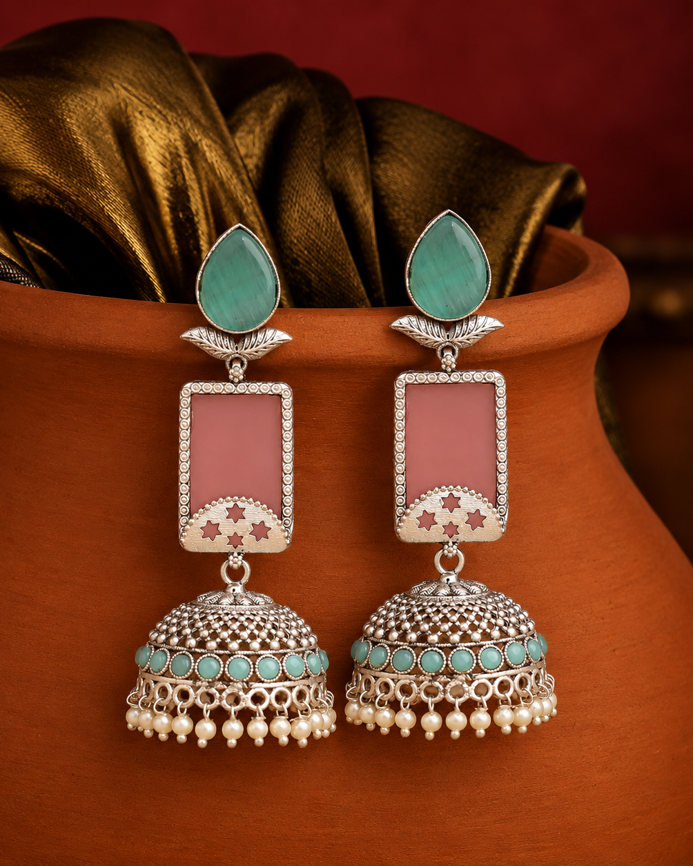 Teardrop Aqua and Blush Pink Long Earrings