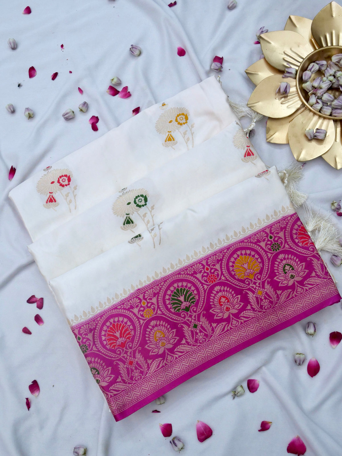 Floral Ivory Satin Mashru Silk Saree with Pink Border with Stitched Blouse