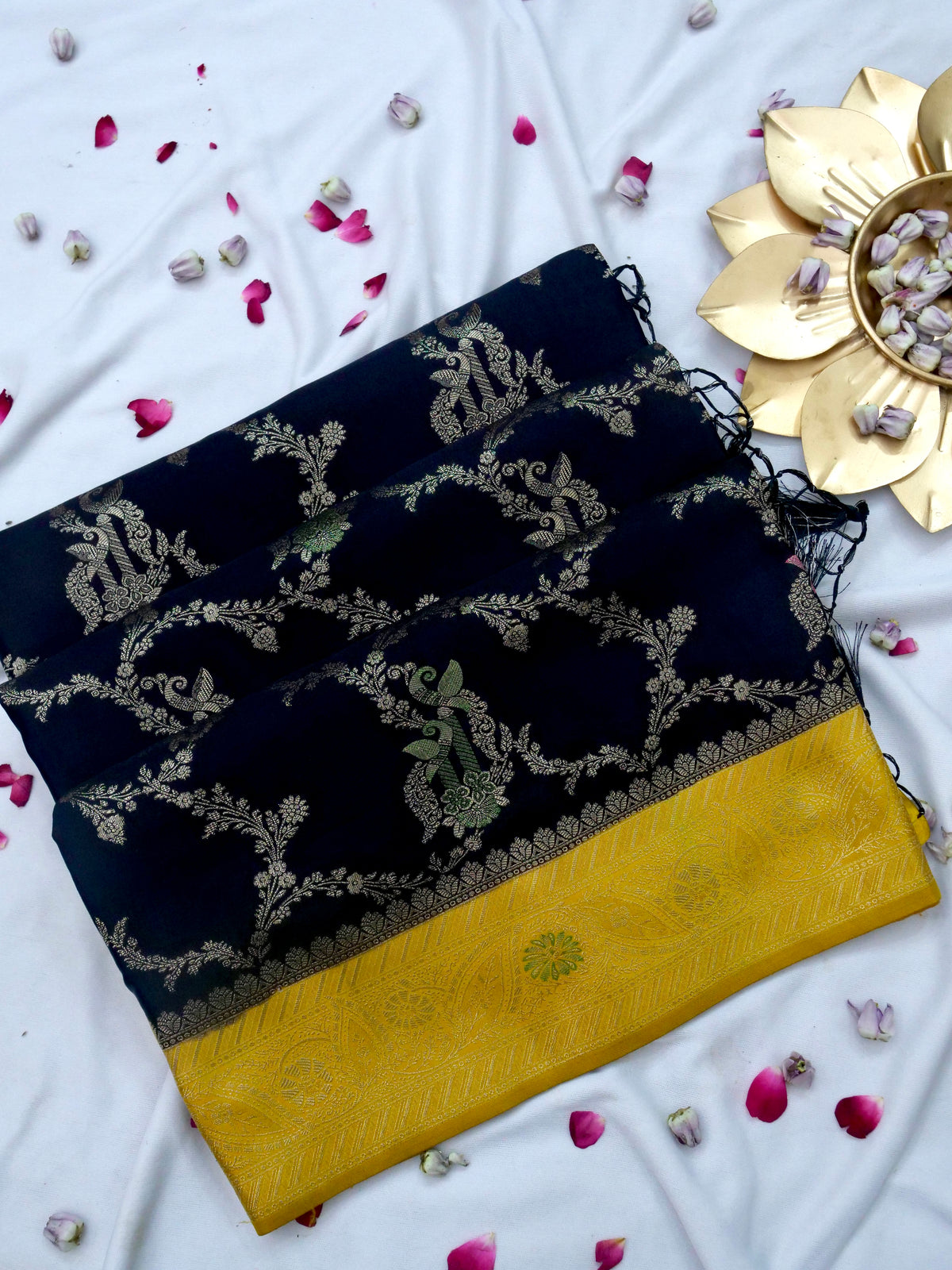 Floral Black Satin Mashru Silk Saree with Gold Zari Border with Stitched Blouse