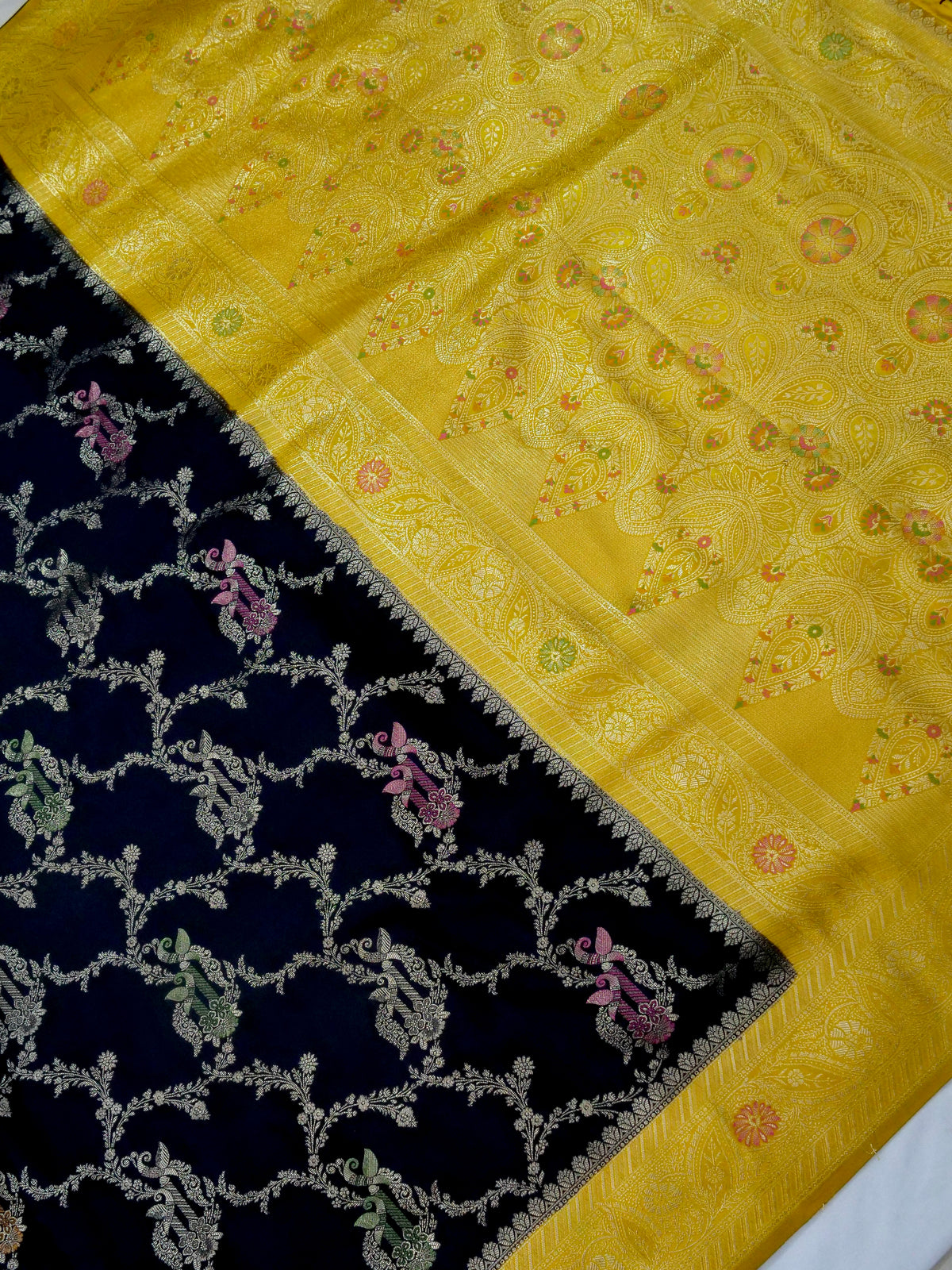 Floral Black Satin Mashru Silk Saree with Gold Zari Border with Stitched Blouse