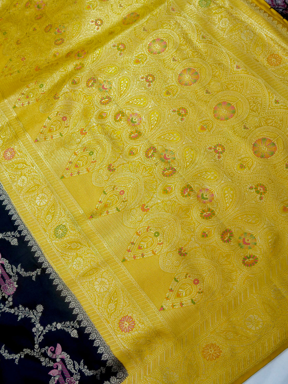 Floral Black Satin Mashru Silk Saree with Gold Zari Border with Stitched Blouse