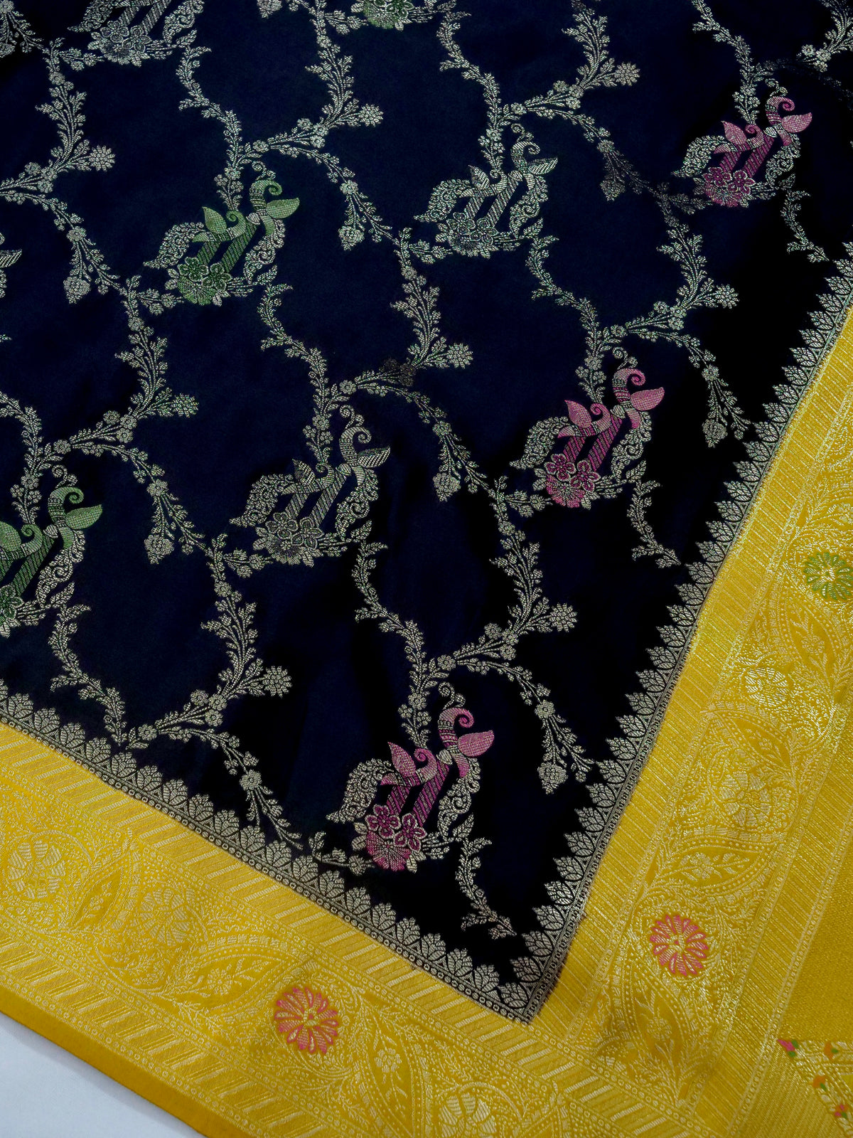 Floral Black Satin Mashru Silk Saree with Gold Zari Border with Stitched Blouse