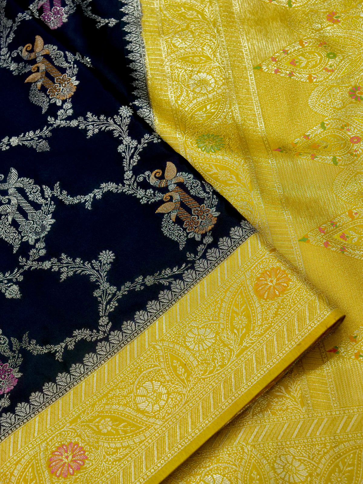 Floral Black Satin Mashru Silk Saree with Gold Zari Border with Stitched Blouse