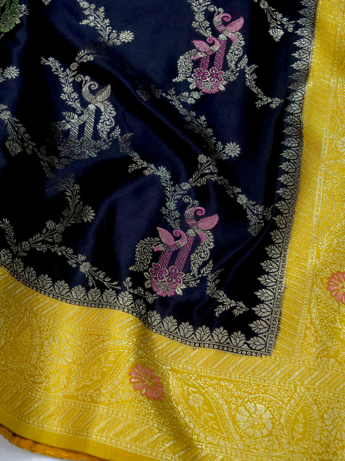 Floral Black Satin Mashru Silk Saree with Gold Zari Border with Stitched Blouse