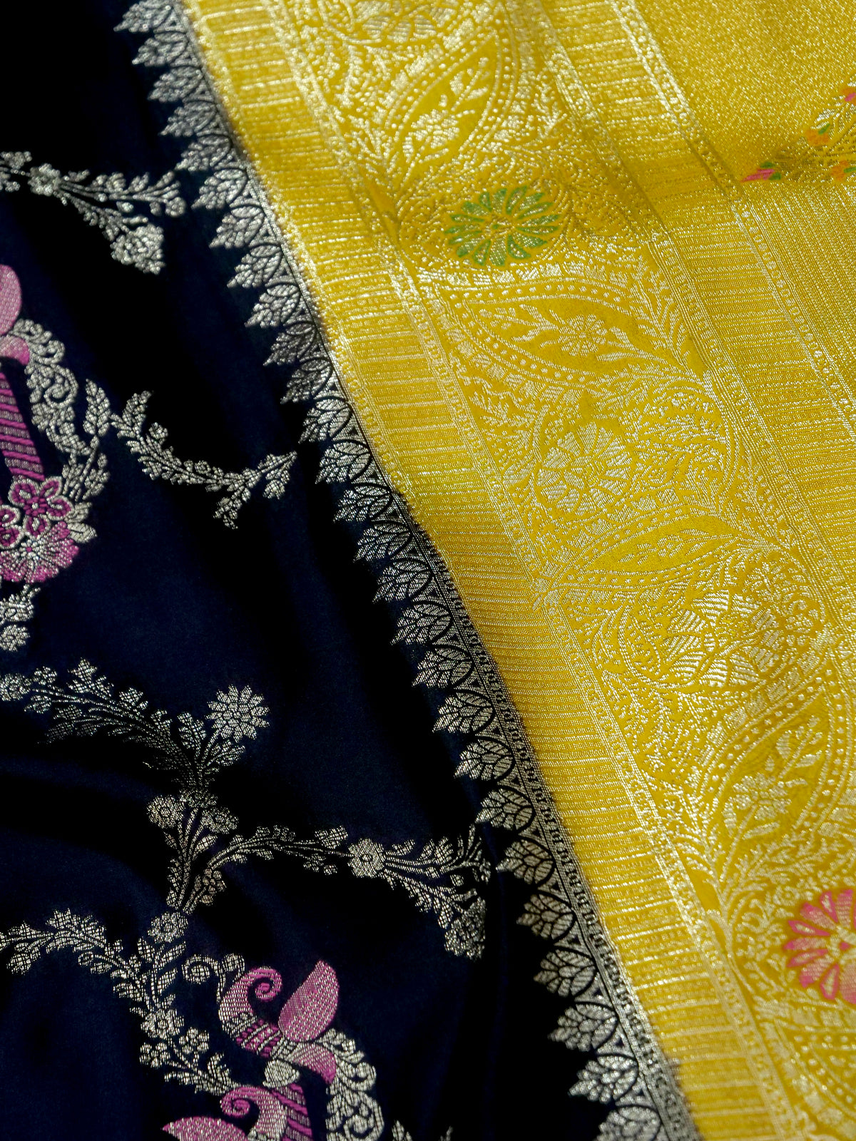 Floral Black Satin Mashru Silk Saree with Gold Zari Border with Stitched Blouse