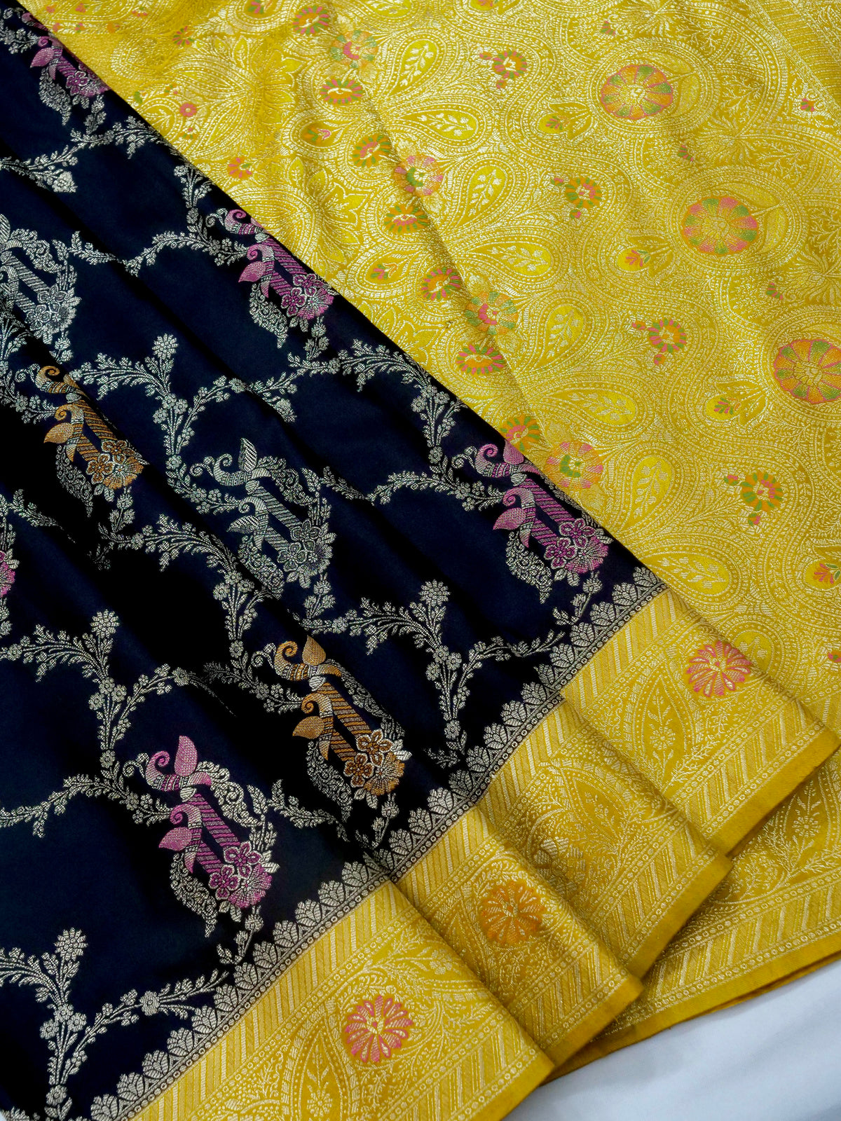 Floral Black Satin Mashru Silk Saree with Gold Zari Border with Stitched Blouse