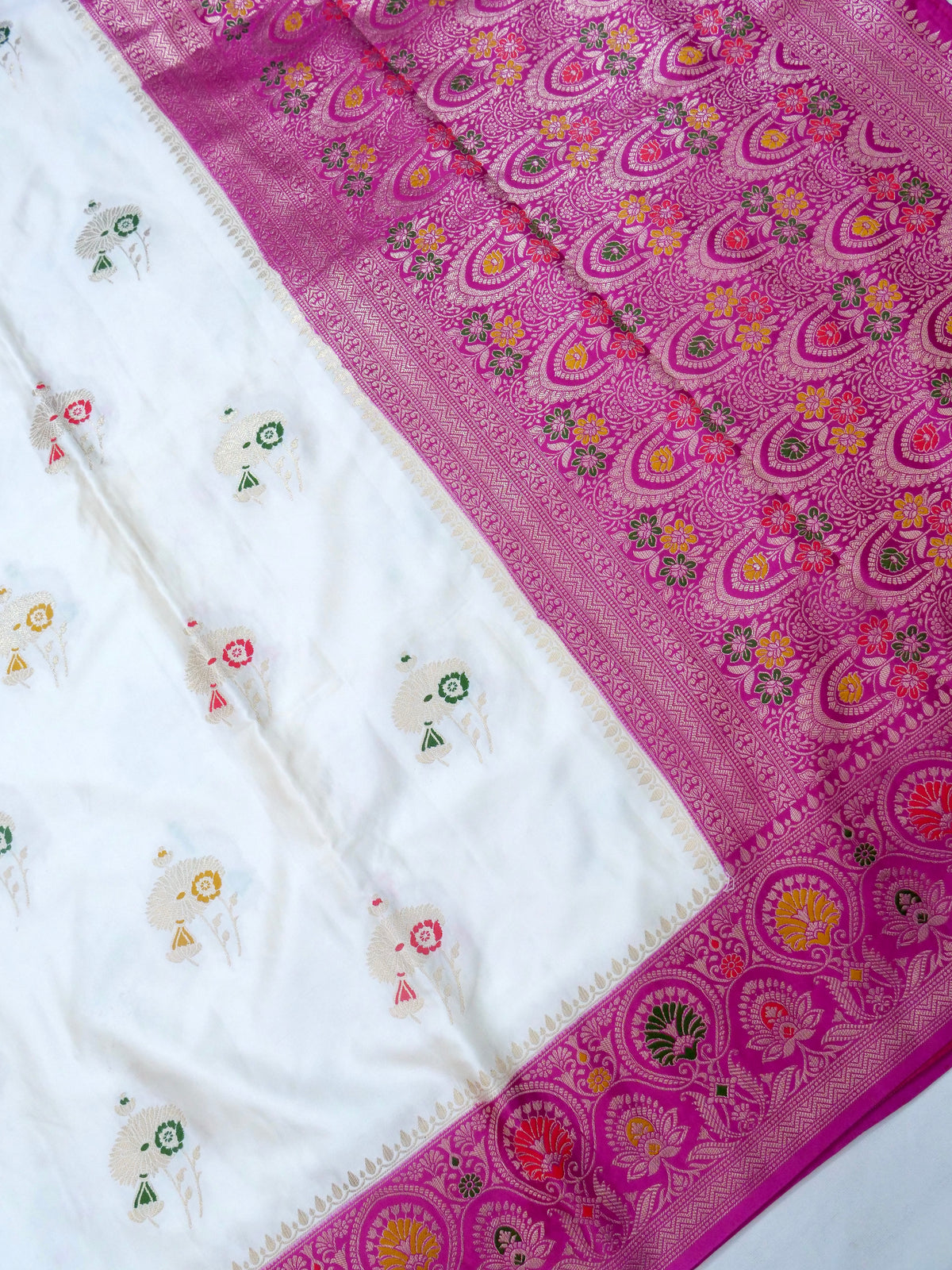 Floral Ivory Satin Mashru Silk Saree with Pink Border with Stitched Blouse