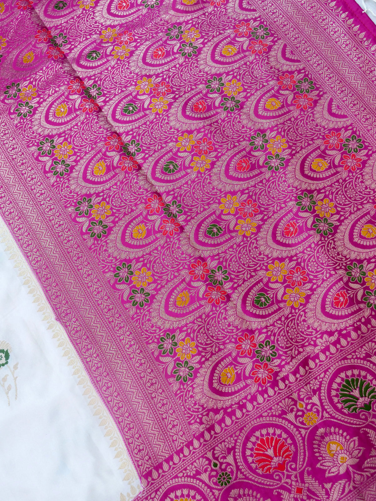 Floral Ivory Satin Mashru Silk Saree with Pink Border with Stitched Blouse
