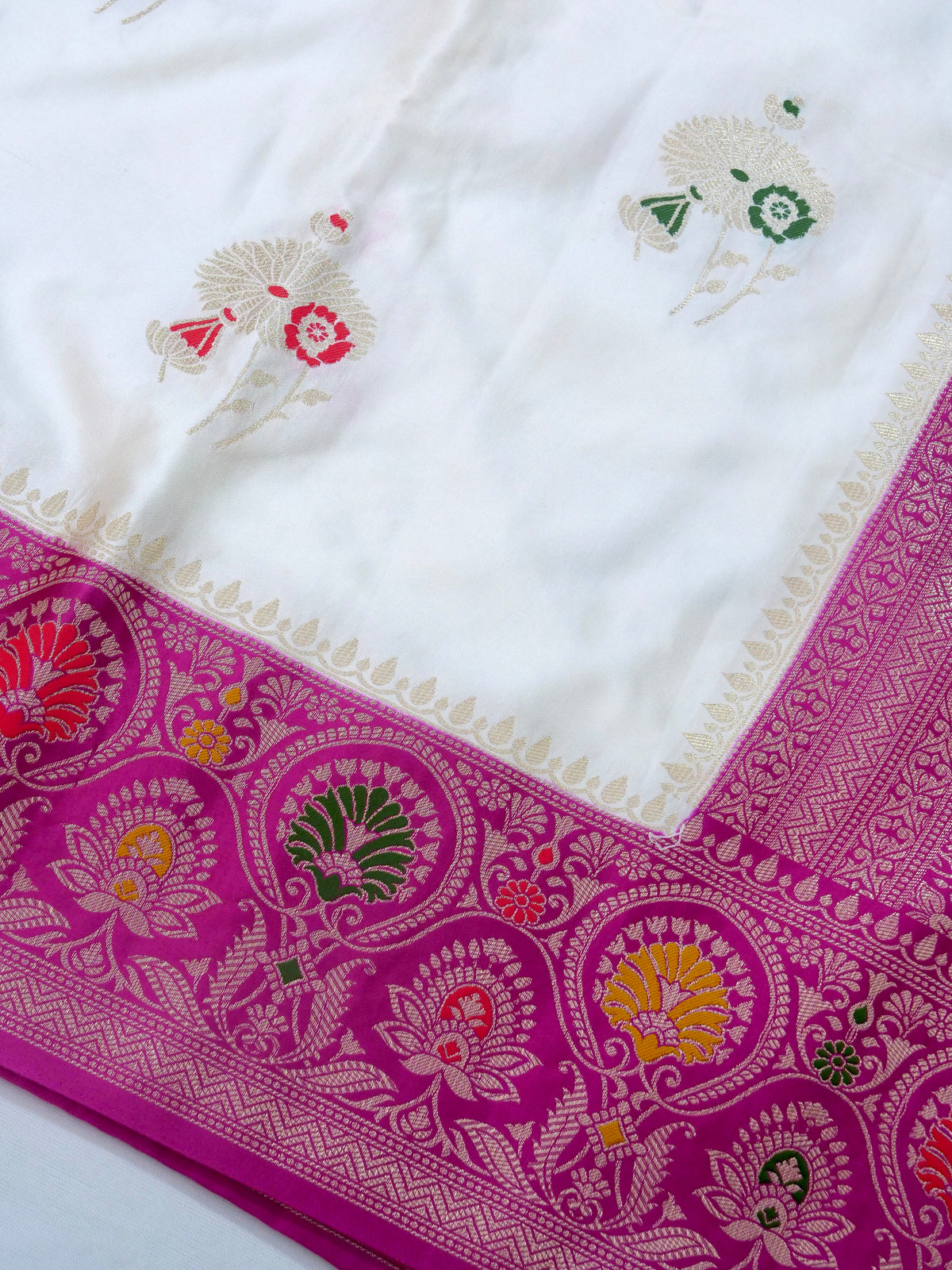 Floral Ivory Satin Mashru Silk Saree with Pink Border with Stitched Blouse