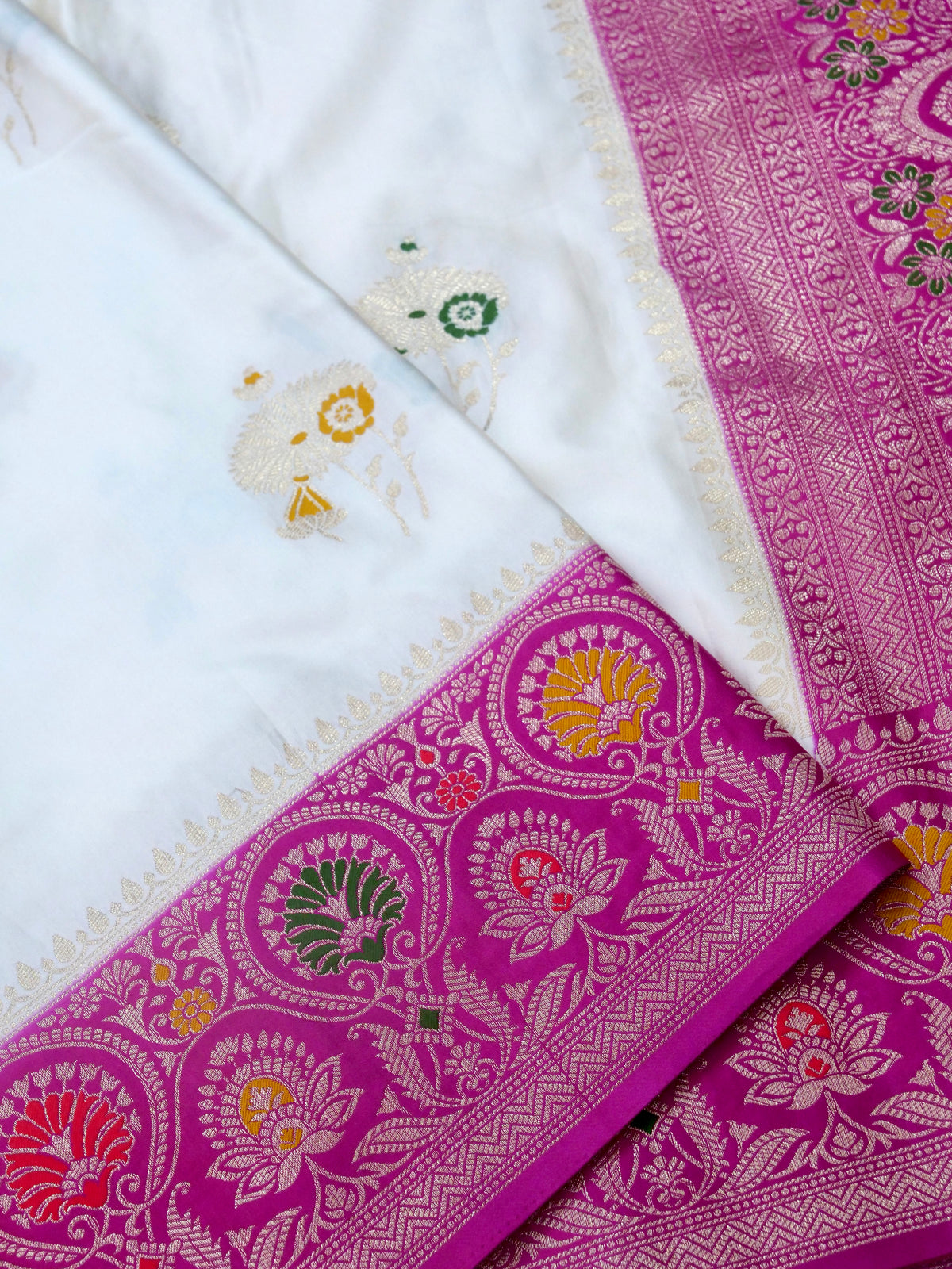 Floral Ivory Satin Mashru Silk Saree with Pink Border with Stitched Blouse