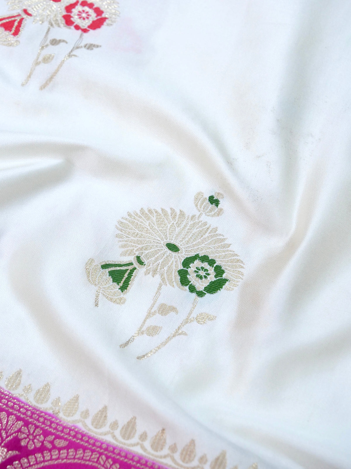 Floral Ivory Satin Mashru Silk Saree with Pink Border with Stitched Blouse