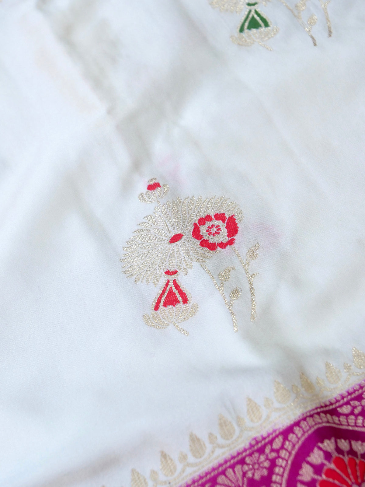 Floral Ivory Satin Mashru Silk Saree with Pink Border with Stitched Blouse