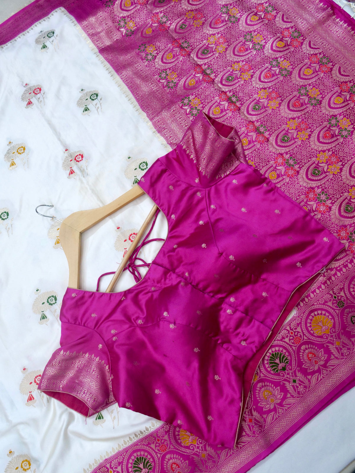 Floral Ivory Satin Mashru Silk Saree with Pink Border with Stitched Blouse