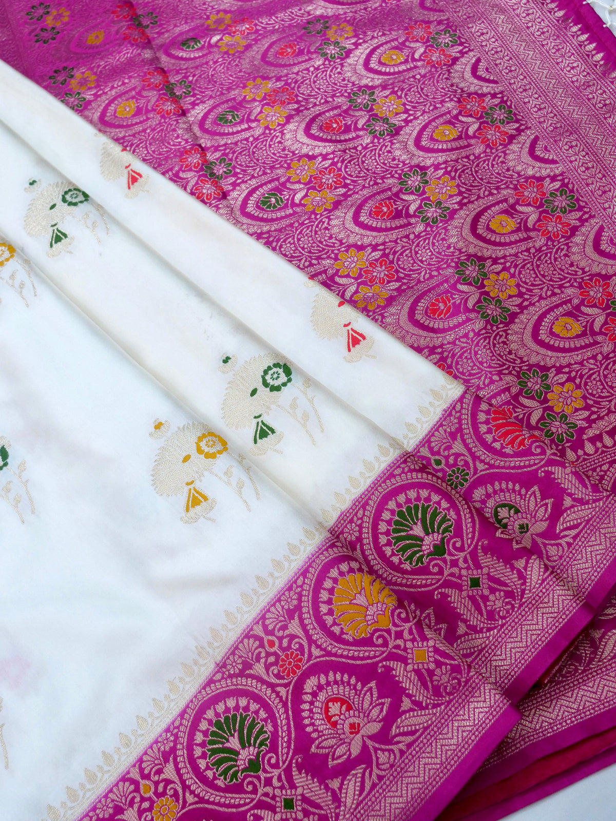 Floral Ivory Satin Mashru Silk Saree with Pink Border with Stitched Blouse
