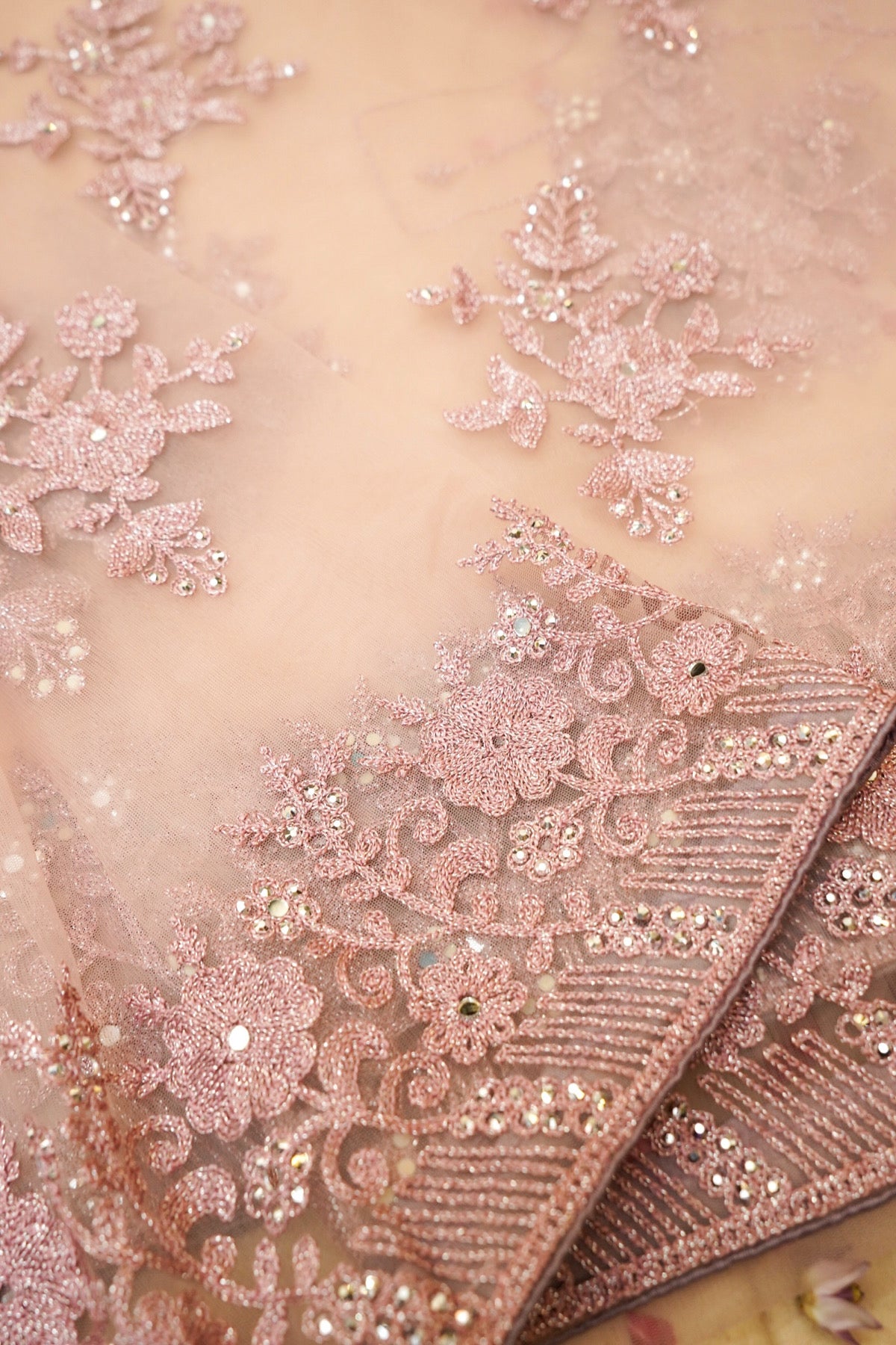 Vintage Rose Sequined Floral Embroidered Designer Net Saree with Readymade Blouse