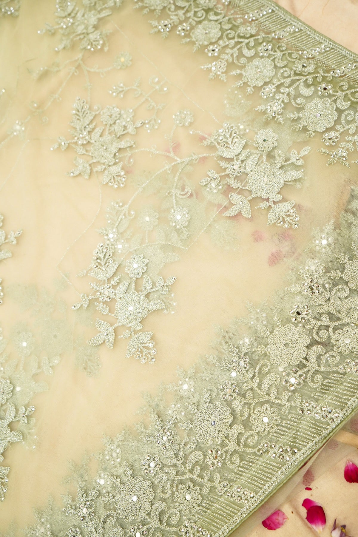 Sage Green Sequined Floral Embroidered Designer Net Saree with Readymade Blouse