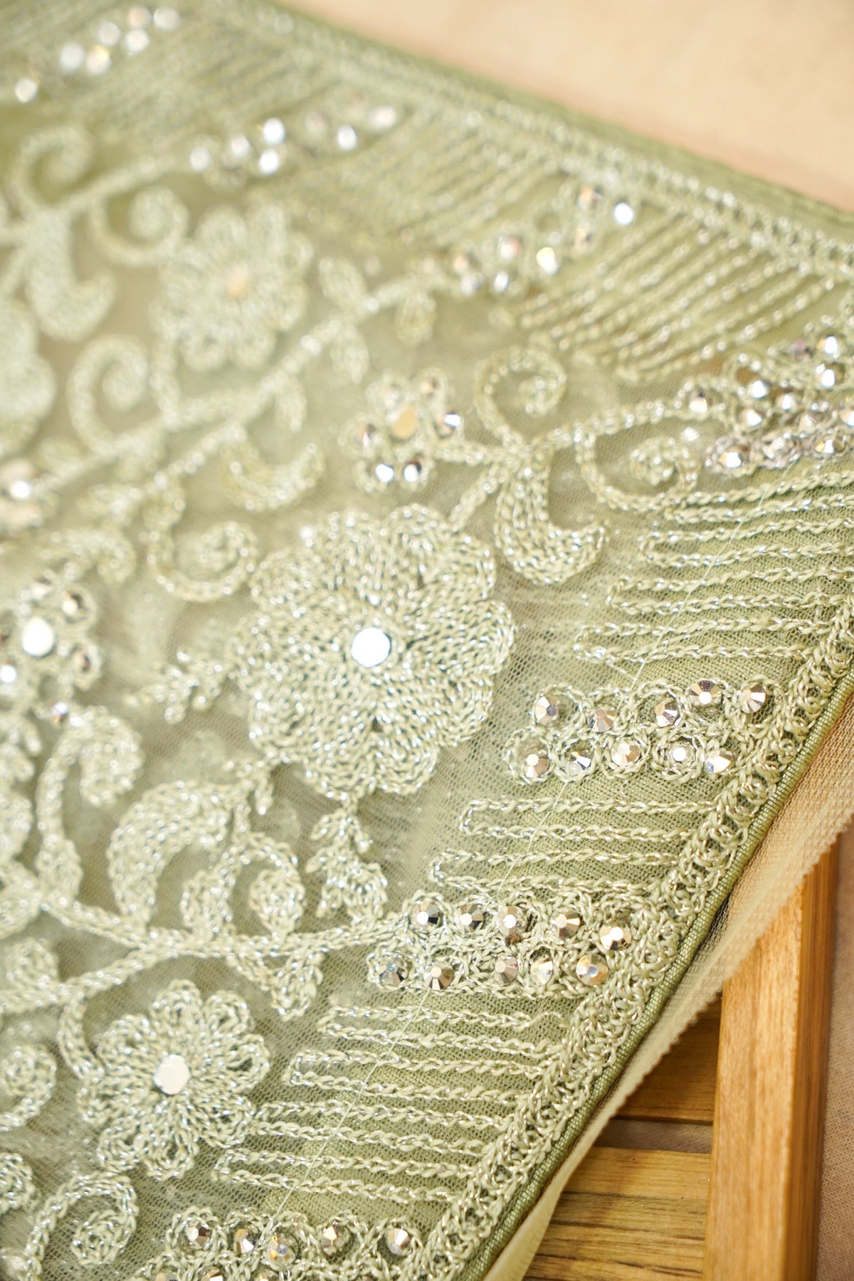 Sage Green Sequined Floral Embroidered Designer Net Saree with Readymade Blouse