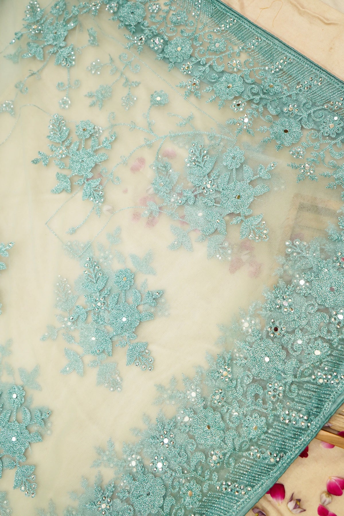 Seafoam Green Sequined Floral Embroidered Designer Net Saree with Readymade Blouse