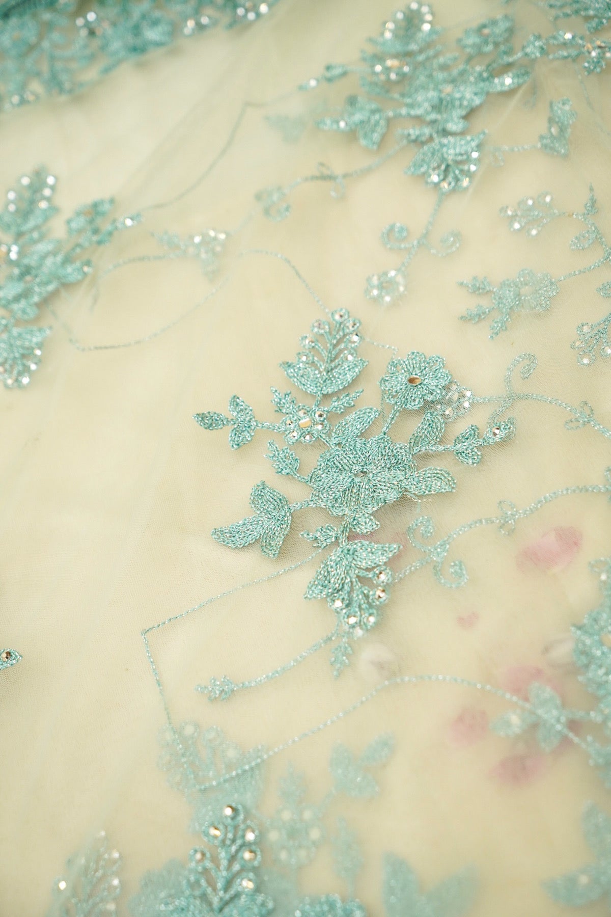 Seafoam Green Sequined Floral Embroidered Designer Net Saree with Readymade Blouse