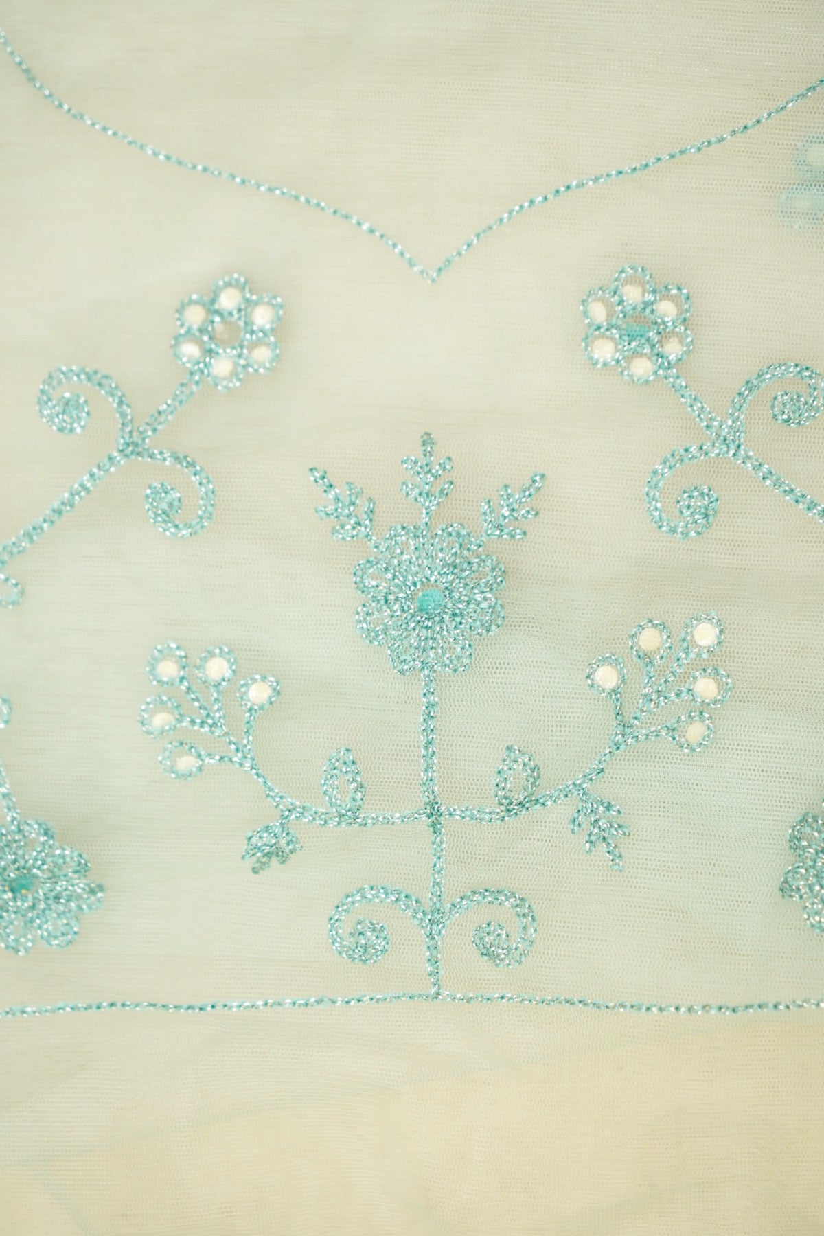 Seafoam Green Sequined Floral Embroidered Designer Net Saree with Readymade Blouse