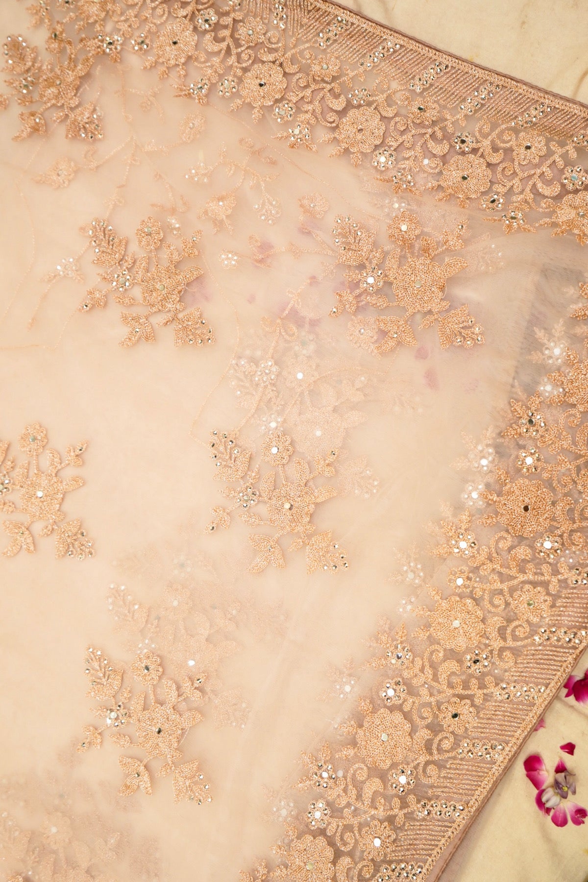 Peach Blush Sequined Floral Embroidered Designer Net Saree with Readymade Blouse