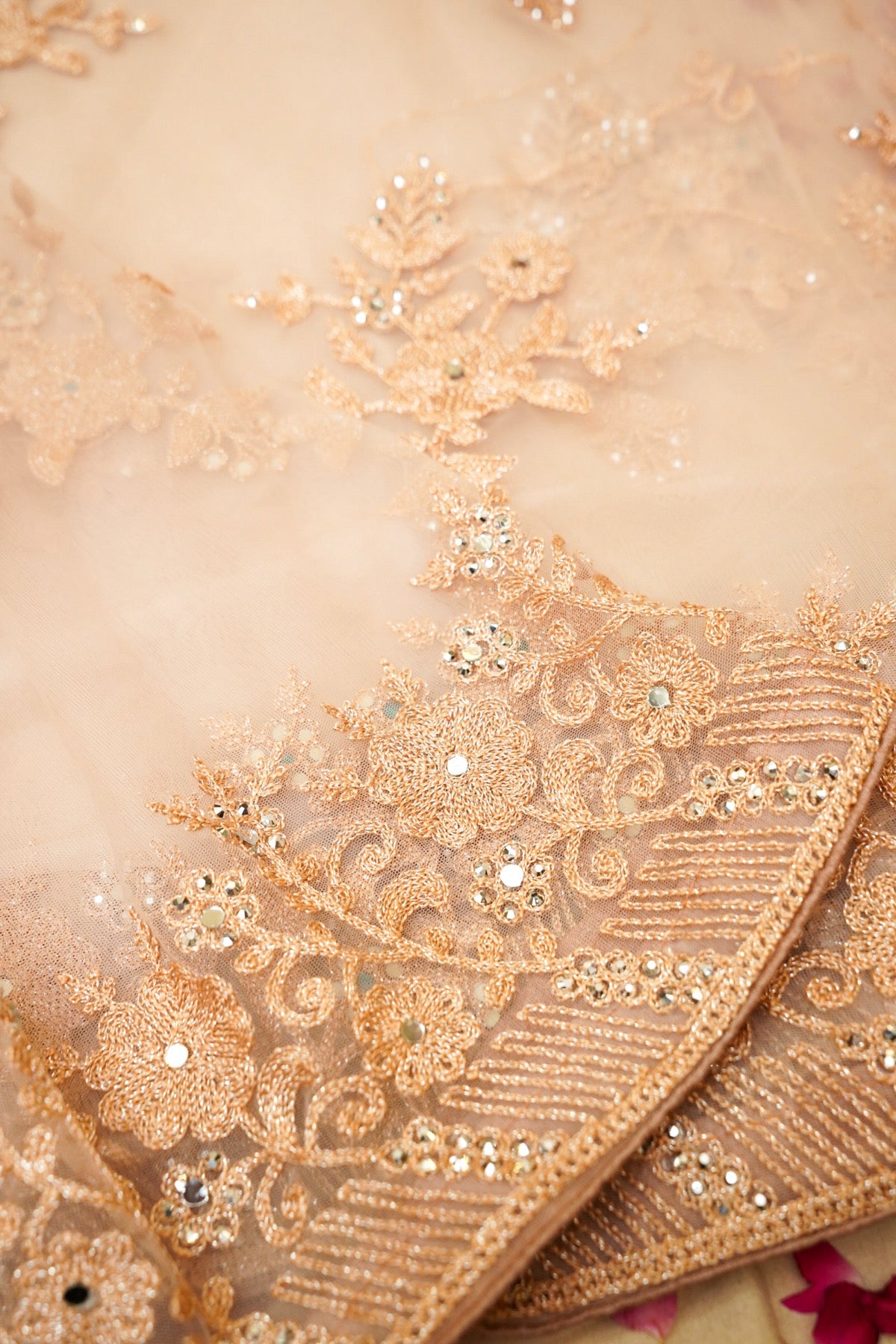 Peach Blush Sequined Floral Embroidered Designer Net Saree with Readymade Blouse