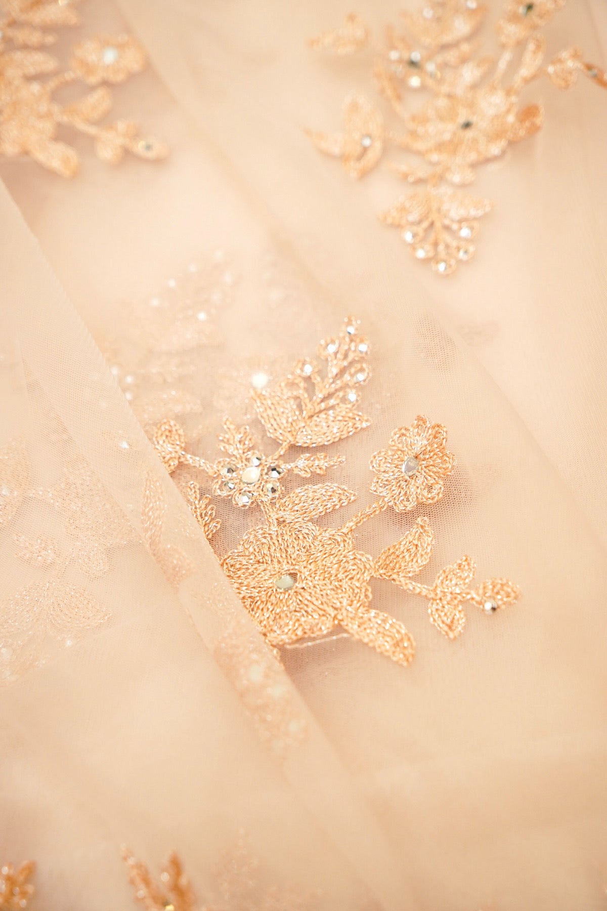 Peach Blush Sequined Floral Embroidered Designer Net Saree with Readymade Blouse