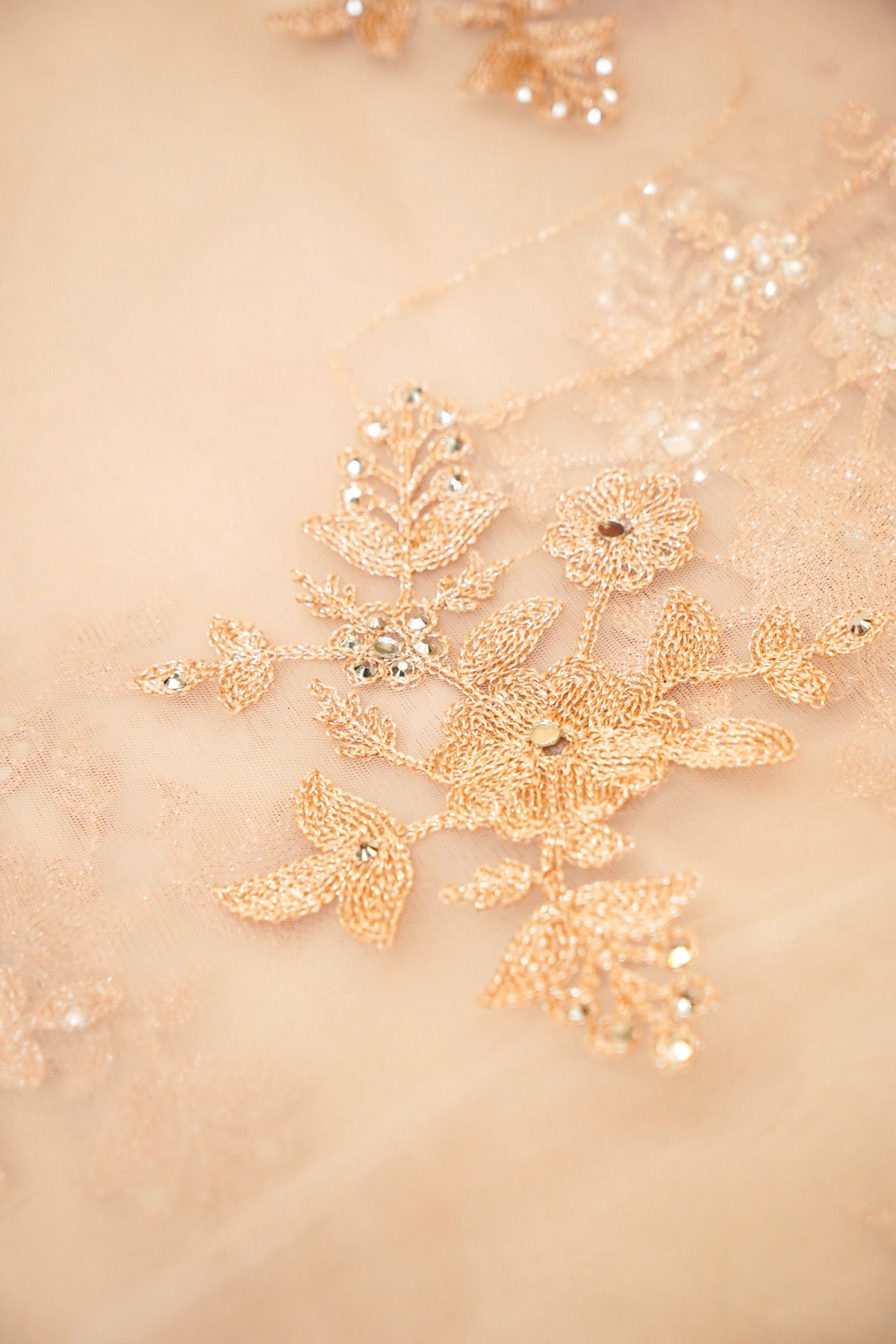 Peach Blush Sequined Floral Embroidered Designer Net Saree with Readymade Blouse