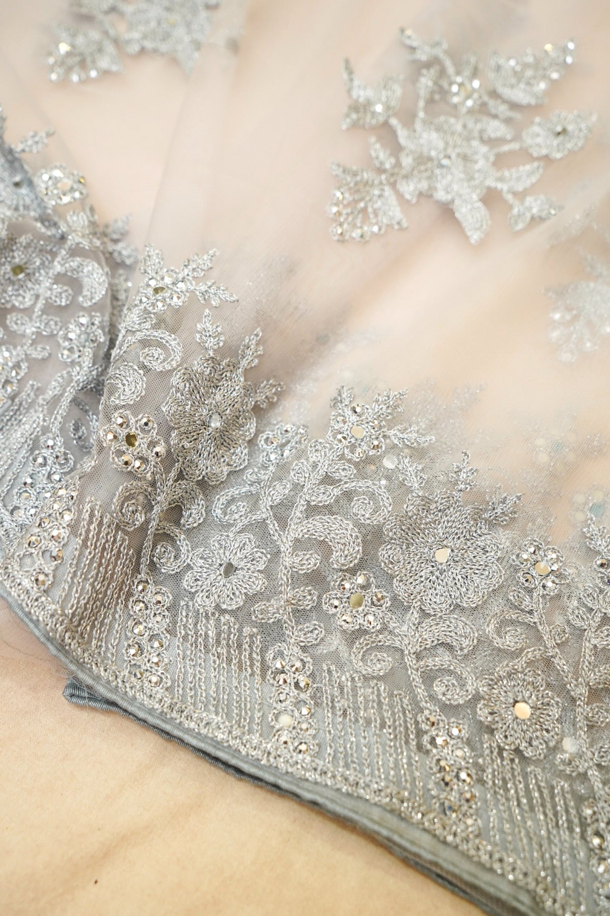Pearl Grey Sequined Floral Embroidered Designer Net Saree with Readymade Blouse