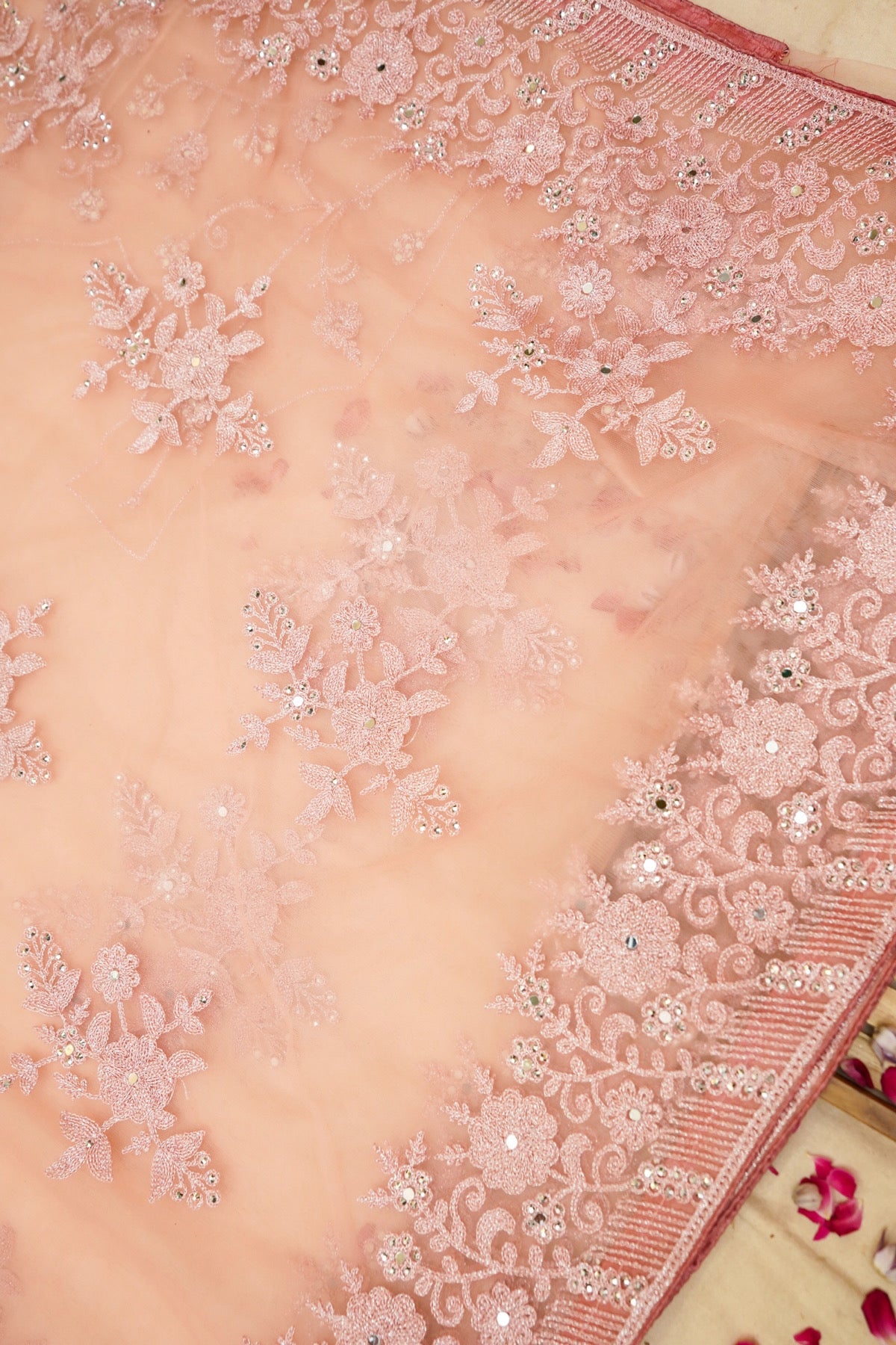 Dusty Rose Sequined Floral Embroidered Designer Net Saree with Readymade Blouse