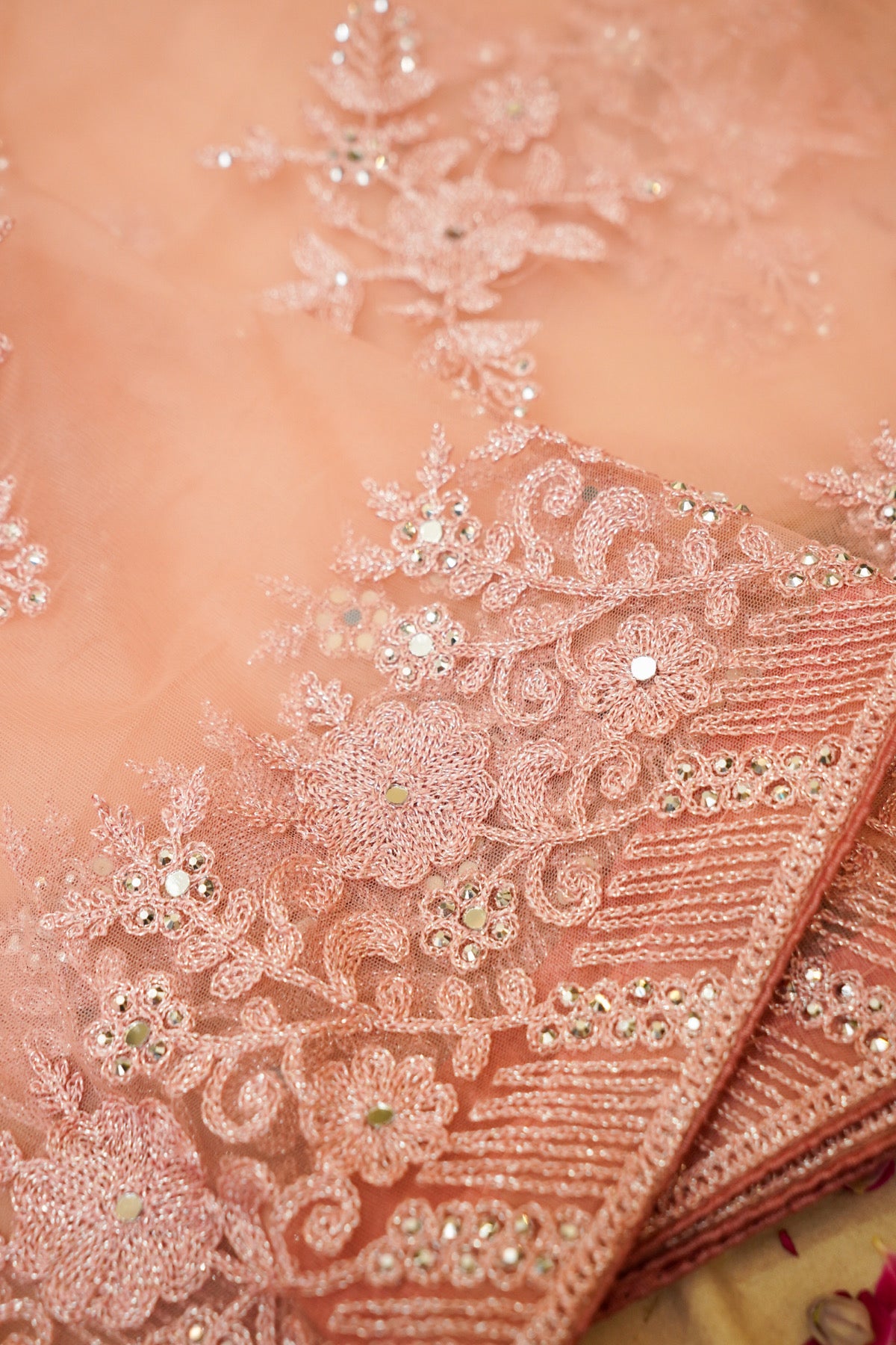 Dusty Rose Sequined Floral Embroidered Designer Net Saree with Readymade Blouse
