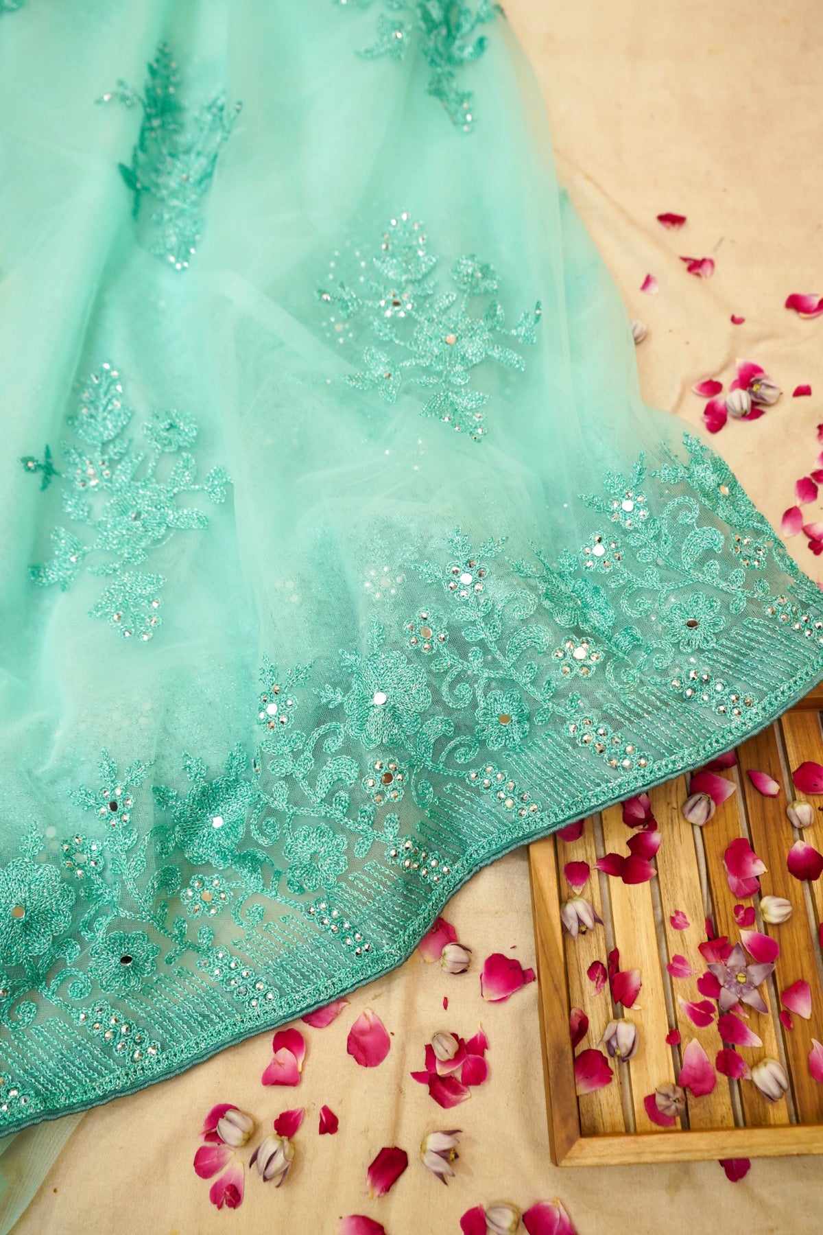 Mint Aqua Sequined Floral Embroidered Designer Net Saree with Readymade Blouse