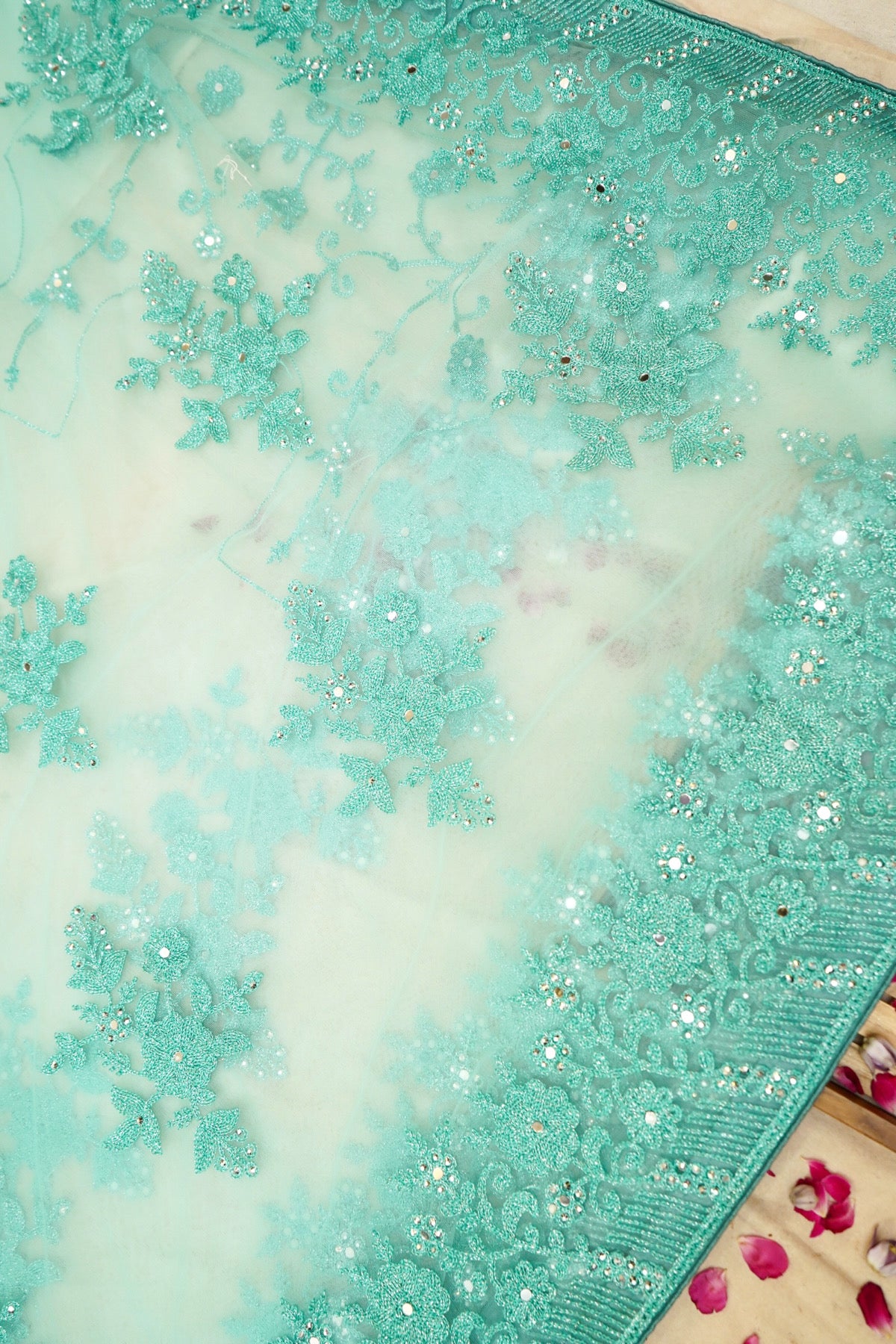 Mint Aqua Sequined Floral Embroidered Designer Net Saree with Readymade Blouse