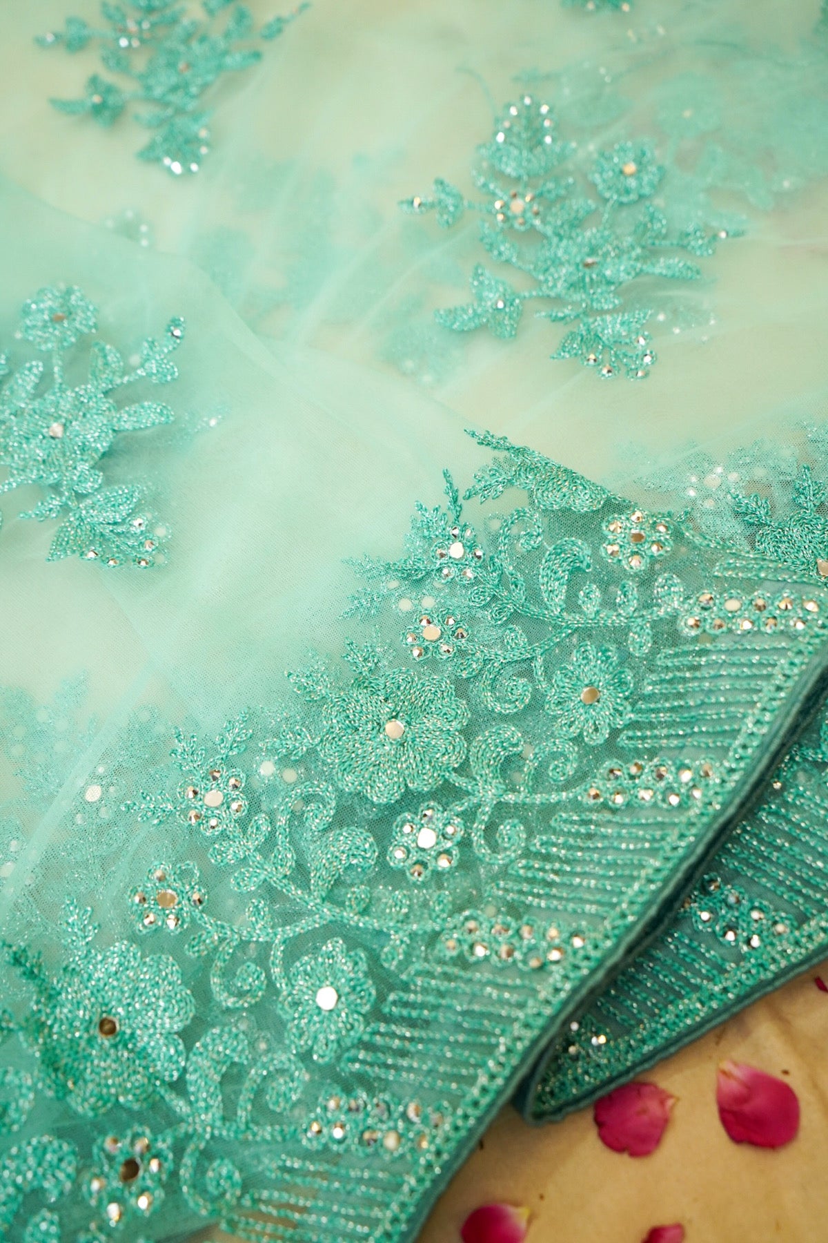 Mint Aqua Sequined Floral Embroidered Designer Net Saree with Readymade Blouse