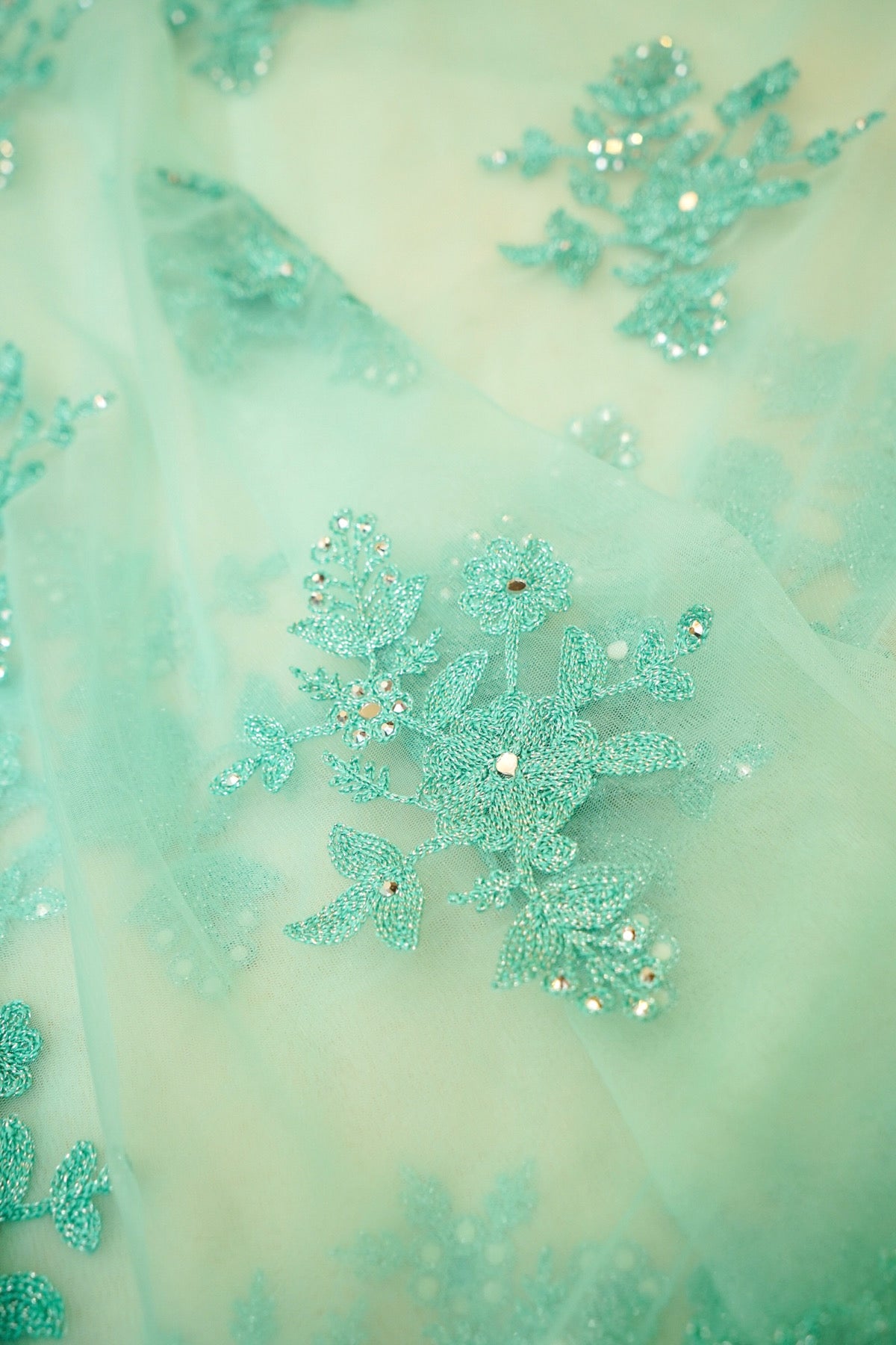 Mint Aqua Sequined Floral Embroidered Designer Net Saree with Readymade Blouse